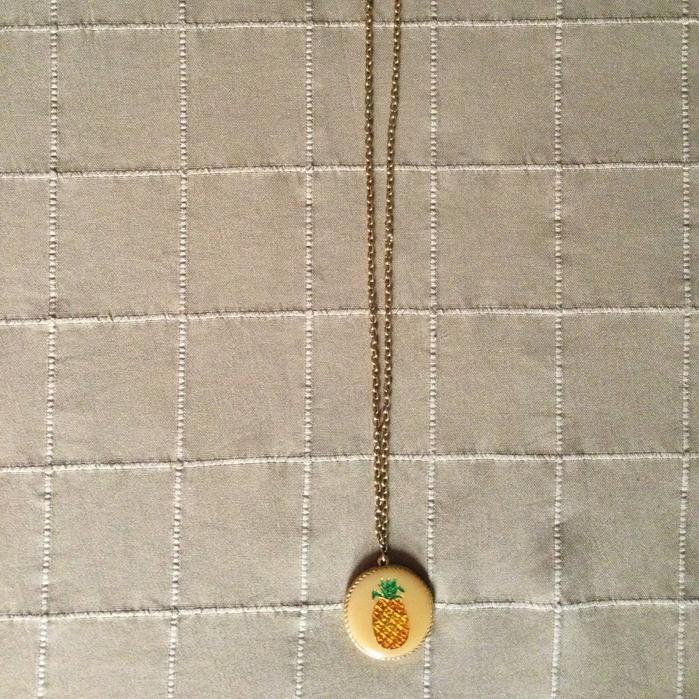 Long gold tone chain pineapple mirror pendant necklace